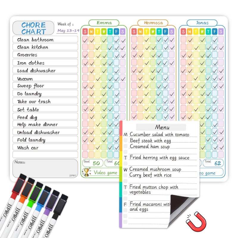 JJPRO Magnetic Chore Chart for Multiple Kids 3 Kids -14.5"x11" Family Chore Chart for Refrigerator, Behavior Chart for Fridge,Dry Erase Chore Chart for Teens - Image 1