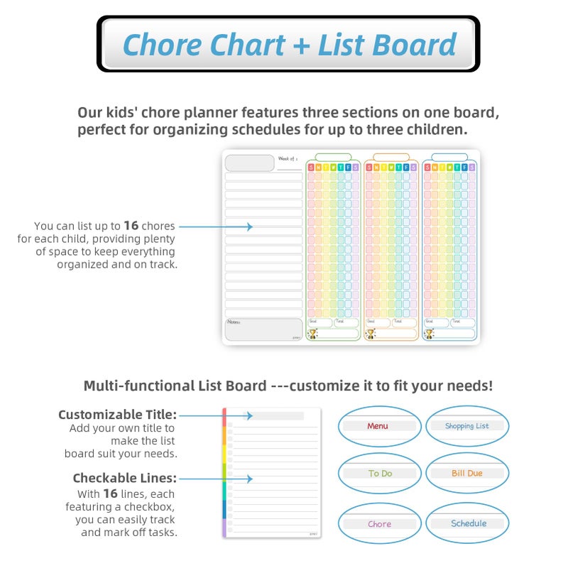 JJPRO Magnetic Chore Chart for Multiple Kids 3 Kids -14.5"x11" Family Chore Chart for Refrigerator, Behavior Chart for Fridge,Dry Erase Chore Chart for Teens - Image 2