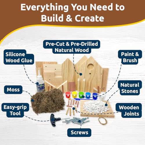 SparkJump Cottage Birdhouse Kit Easy DIY Wooden Bird House for Outdoors FSC Certified Wood Cedar Roof Natural Stones Front Porch Moss Accents Fun Craft Project for Families and Nature Lovers - Image 3