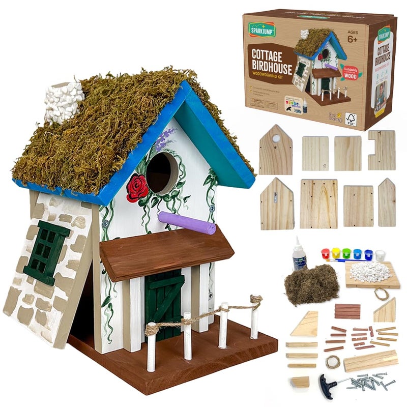 SparkJump Cottage Birdhouse Kit Easy DIY Wooden Bird House for Outdoors FSC Certified Wood Cedar Roof Natural Stones Front Porch Moss Accents Fun Craft Project for Families and Nature Lovers - Image 2
