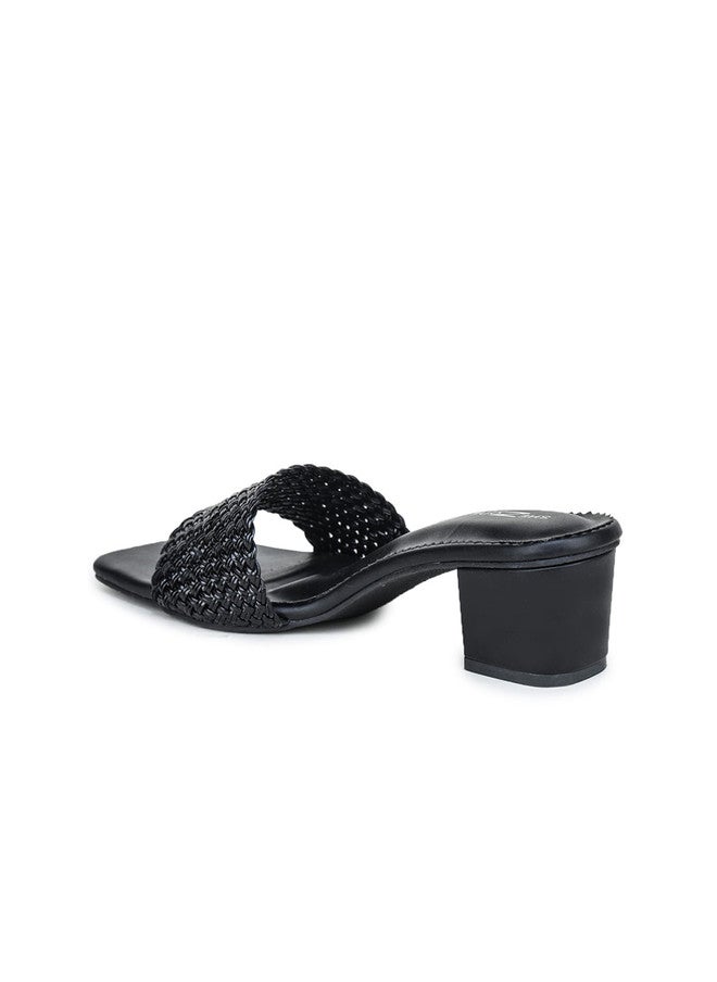 She Zone Black Textured Block Heels for Women - Image 3