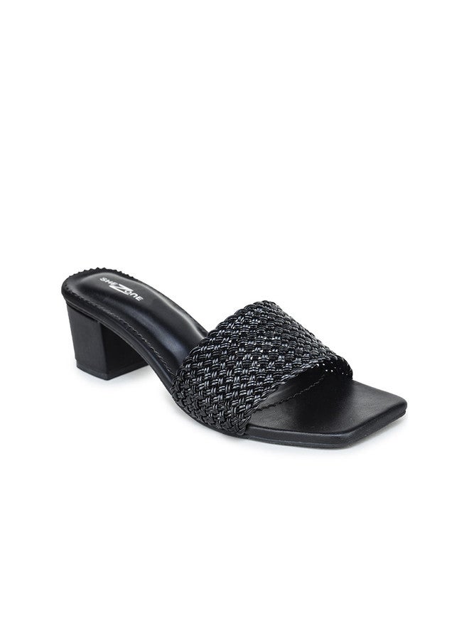 She Zone Black Textured Block Heels for Women - Image 2