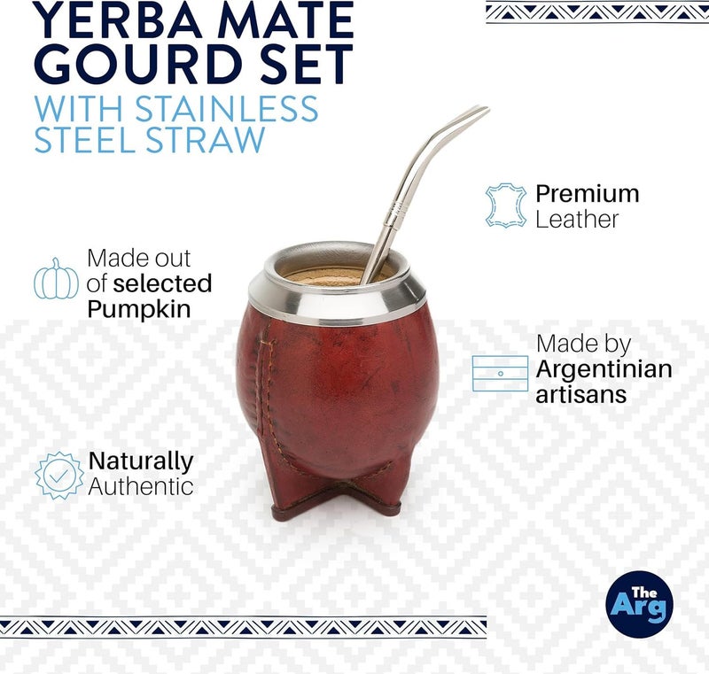 THEARG | Yerba Mate Gourd Set with Stainless Steel Straw | Handmade Leather Yerba Mate Cup and Bombilla Set from Argentina - Beach Essentials - Image 2