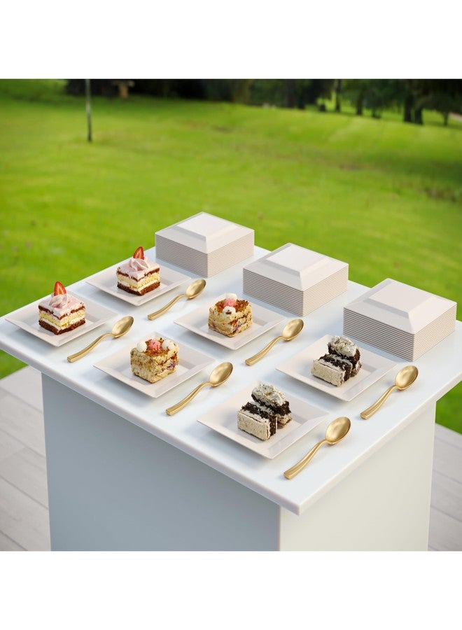 Exquisite Mini Disposable Appetizer Plates - 100 Pack 4.5 In. x 4.5 In. Ivory Plastic Dessert Plates - Elegant Design for Weddings, Birthdays, and Formal Parties - Stackable and Convenient - BPA Free - Image 4
