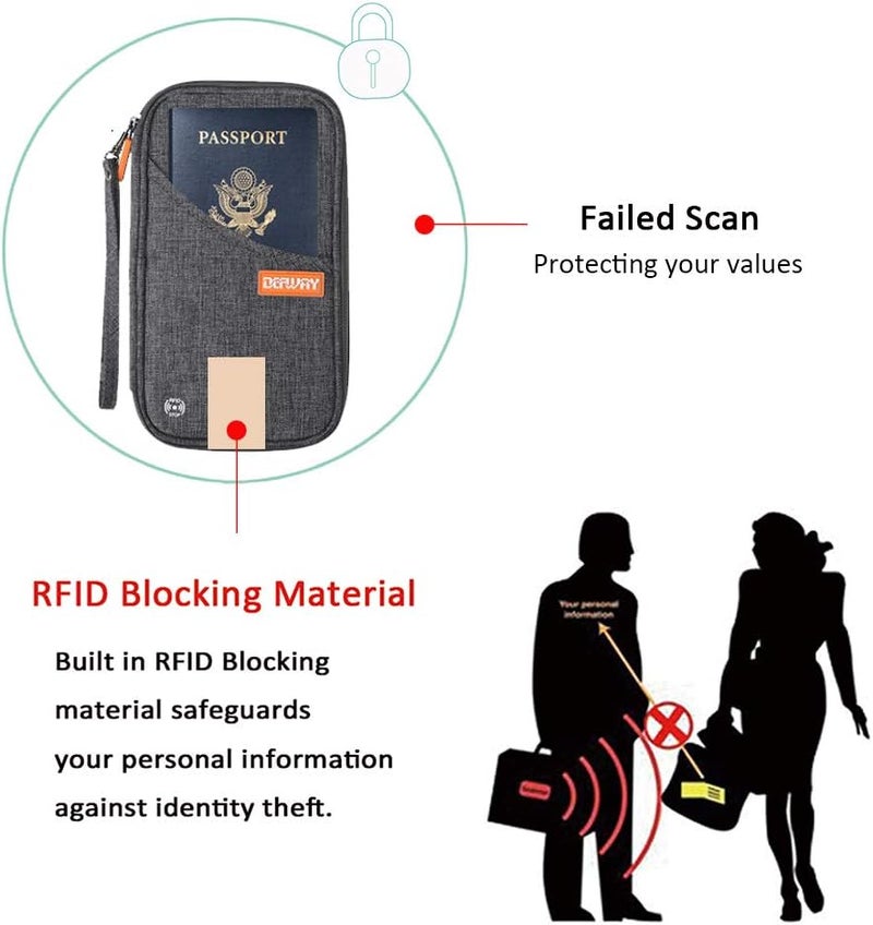 DEFWAY حافظة جواز السفر - محفظة سفر عائلية لـ 4 جوازات، حافظة جواز سفر مانعة لتقنية RFID للرجال والنساء، مستلزمات السفر للطيران، رمادي - Image 1