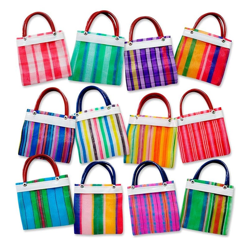 More Fiesta 12 Mini Mexican Tote Mercado Bags 5 inch by 5 inch Assorted Colors Small Mexican Mercado Bags High Thread Mesh