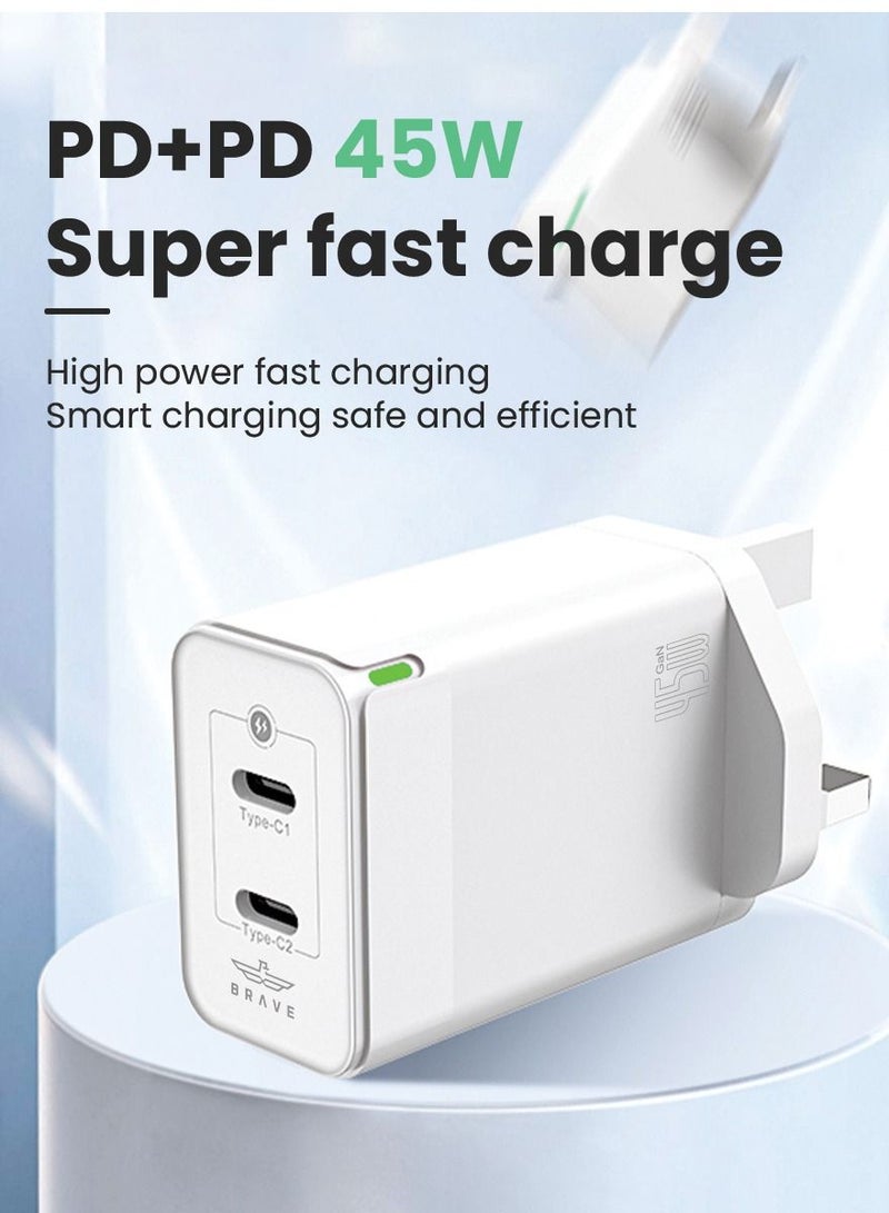 Brave PD 45W GaN Charger USB C Power Adapter Dual Type C Wall Charging Plug GaN Power Delivery Compatible with iPhone for iPhone 15/15 Pro Max/15 Pro/15 Plus/14/13/12/11, Samsung S23, Huawei, Xioami etc. - Image 2