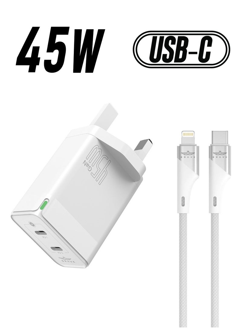 Brave PD 45W GaN Charger USB C Power Adapter Dual Type C Wall Charging Plug GaN Power Delivery Compatible with iPhone for iPhone 15/15 Pro Max/15 Pro/15 Plus/14/13/12/11, Samsung S23, Huawei, Xioami etc. - Image 1