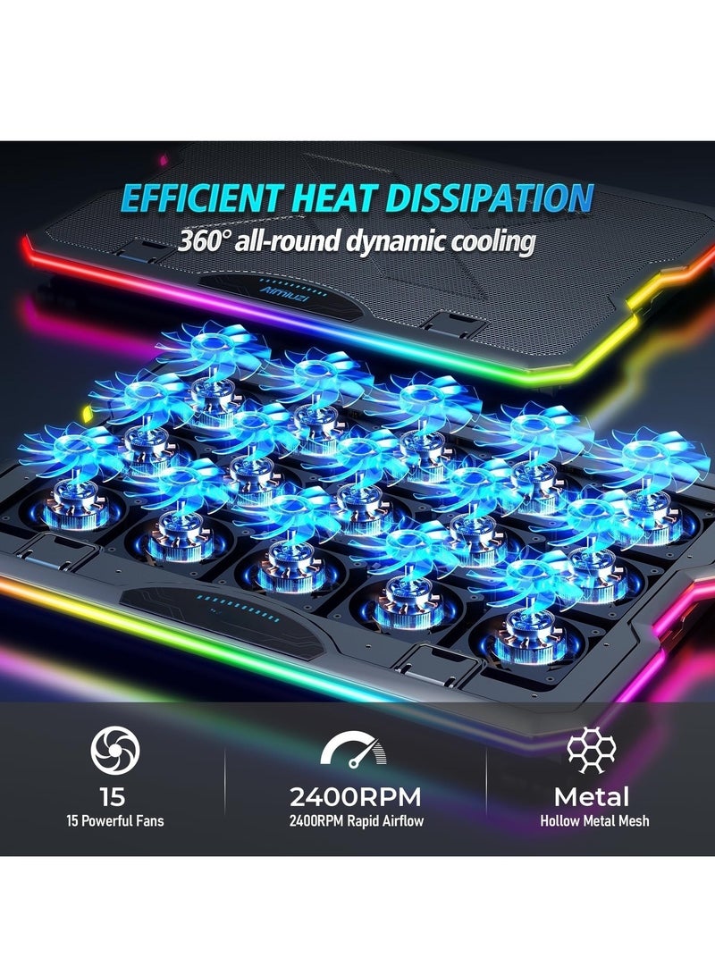 Laptop Cooling Pad, Gaming Laptop Cooler with 15 Quiet Fans for 12-17.3 Inch Notebook, Slim Portable RGB Laptop Cooling Stand with 7 Height Adjustable,2 USB Ports, Phone Stand - Image 2