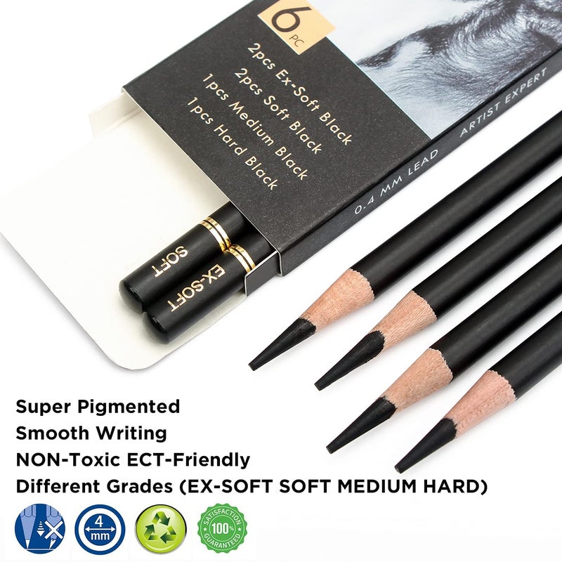 Brusarth Professional Charcoal Pencils Drawing Set - 6 Pieces Soft Medium and Hard Charcoal Pencils for Drawing, Sketching, Shading - Image 3