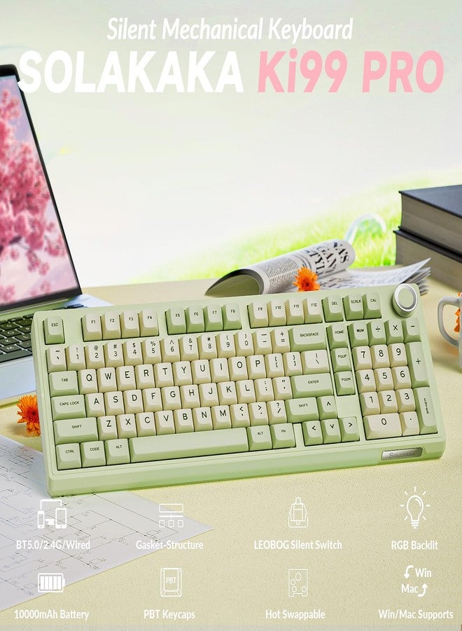 SOLAKAKA لوحة مفاتيح SOLAKAKA KI99 Pro 96% اللاسلكية الميكانيكية، لوحة مفاتيح ألعاب RGB، مفاتيح قابلة للاستبدال السريع ومزيتة مسبقًا، لوحات مفاتيح كريمية ذات هيكل مانع للتسرب (لون أخضر وأبيض، إصدار صامت) - Image 2