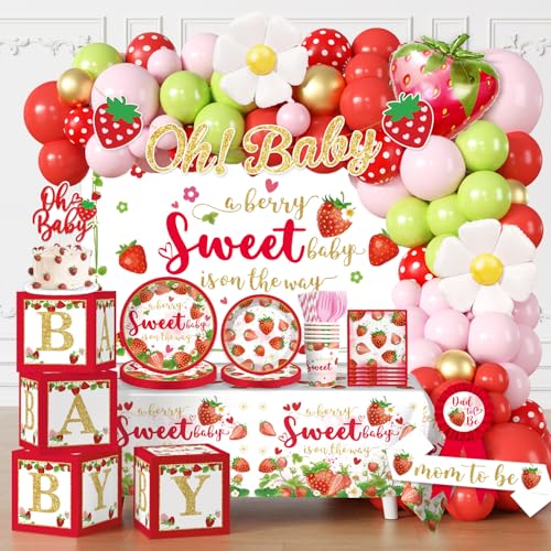 Cocomigo 239pcs Strawberry Baby Shower Decorations for Sweet Girl Complete a Berry Sweet Baby is on the Way Set Sturdy 300gsm Paper Plates Backdrop 108 balloons for Baby shower - Image 1