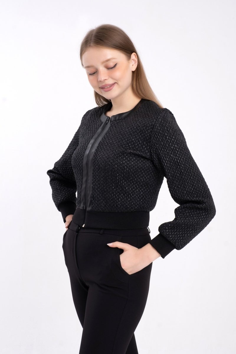 Modatalika Ribbed, Lined Faux Leather Short Coat - Image 3