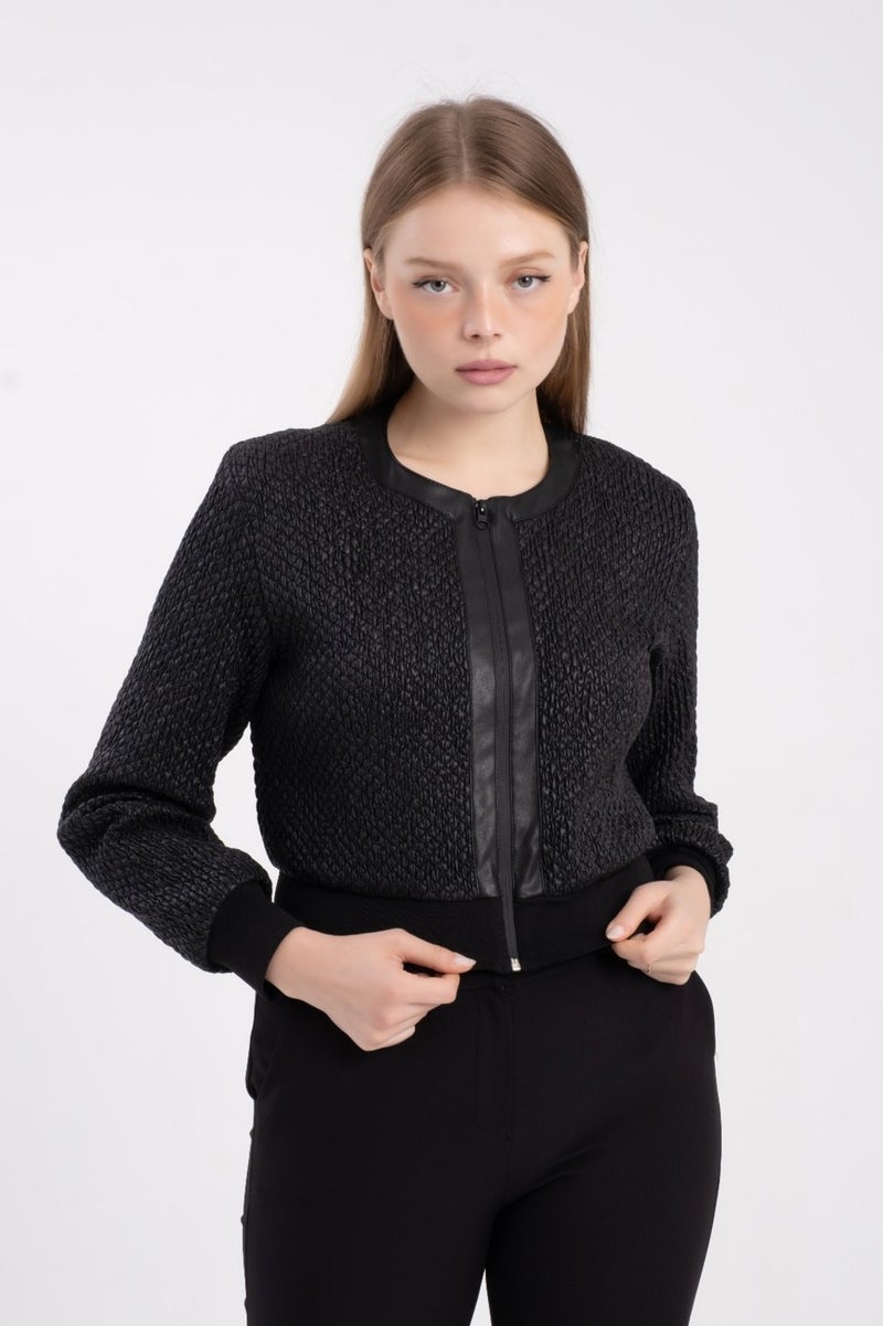 Modatalika Ribbed, Lined Faux Leather Short Coat - Image 2