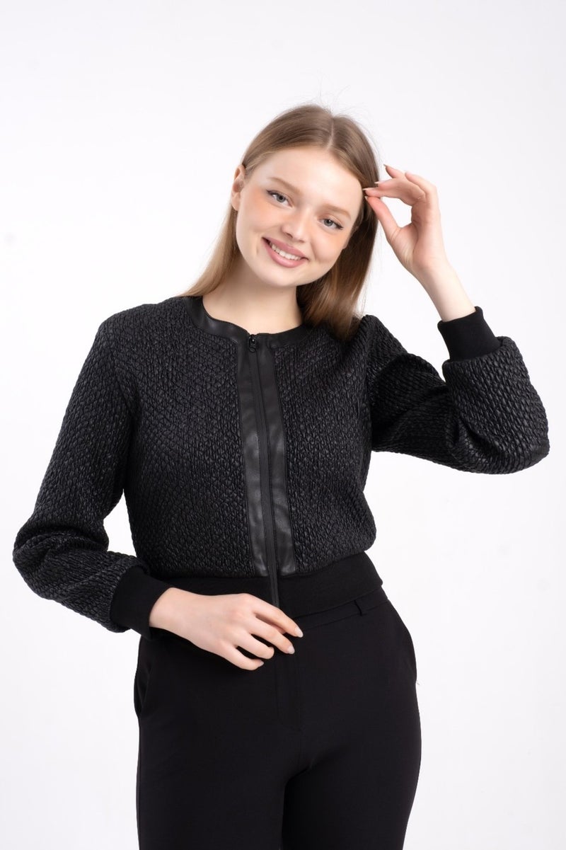 Modatalika Ribbed, Lined Faux Leather Short Coat - Image 5