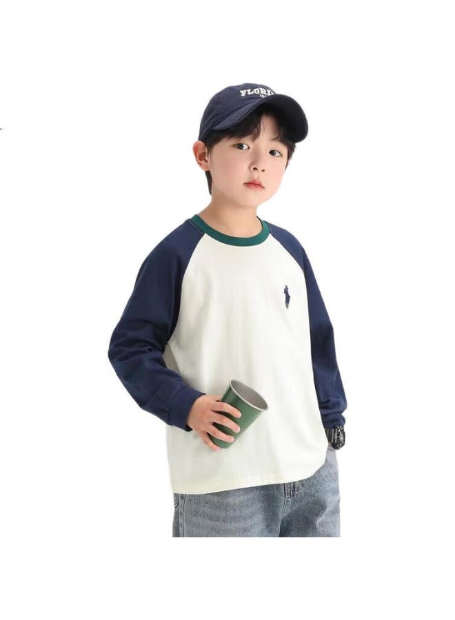 Zuoxi Boys' Long Sleeve T-Shirt Autumn Children'S Pure Cotton Base Shirt Inserted Shoulder Contrast Color T-Shirt Navy Blue 130 - Image 1