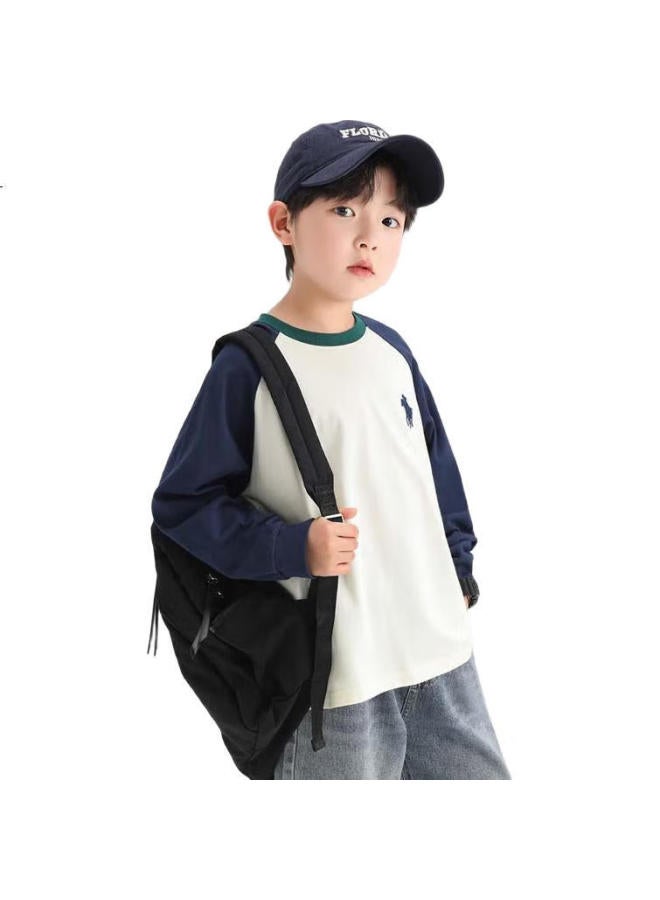 Zuoxi Boys' Long Sleeve T-Shirt Autumn Children'S Pure Cotton Base Shirt Inserted Shoulder Contrast Color T-Shirt Navy Blue 130 - Image 2