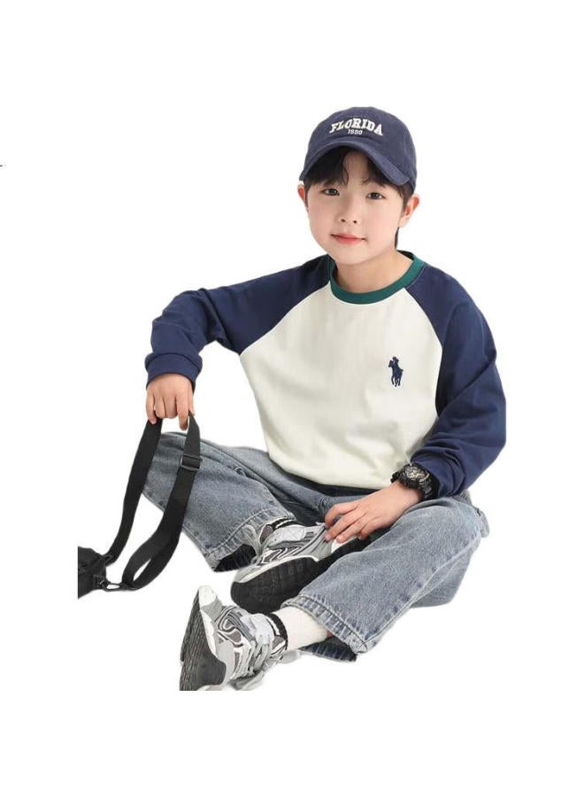 Zuoxi Boys' Long Sleeve T-Shirt Autumn Children'S Pure Cotton Base Shirt Inserted Shoulder Contrast Color T-Shirt Navy Blue 130 - Image 3