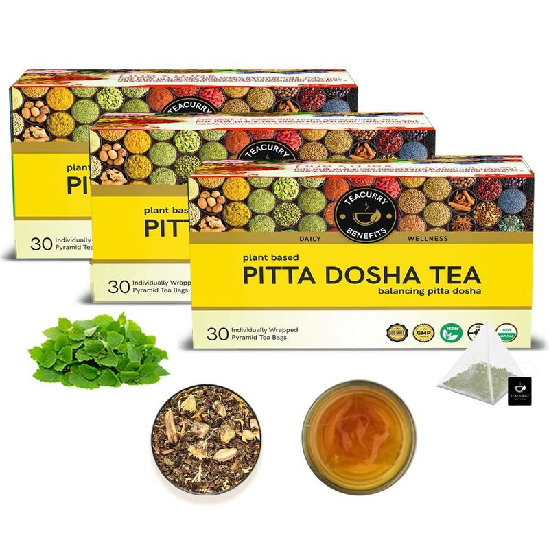 TEACURRY Pitta Dosha Herbal Tea(3 Month Pack, 90 Tea Bags Helps Balance Pitta Dosha,Reduce Stress & Improve Digestion Made With Natural Herbs-Rose Petals, Shatavari,Peppermint, Banarasi Amla,60 Grams - Image 1