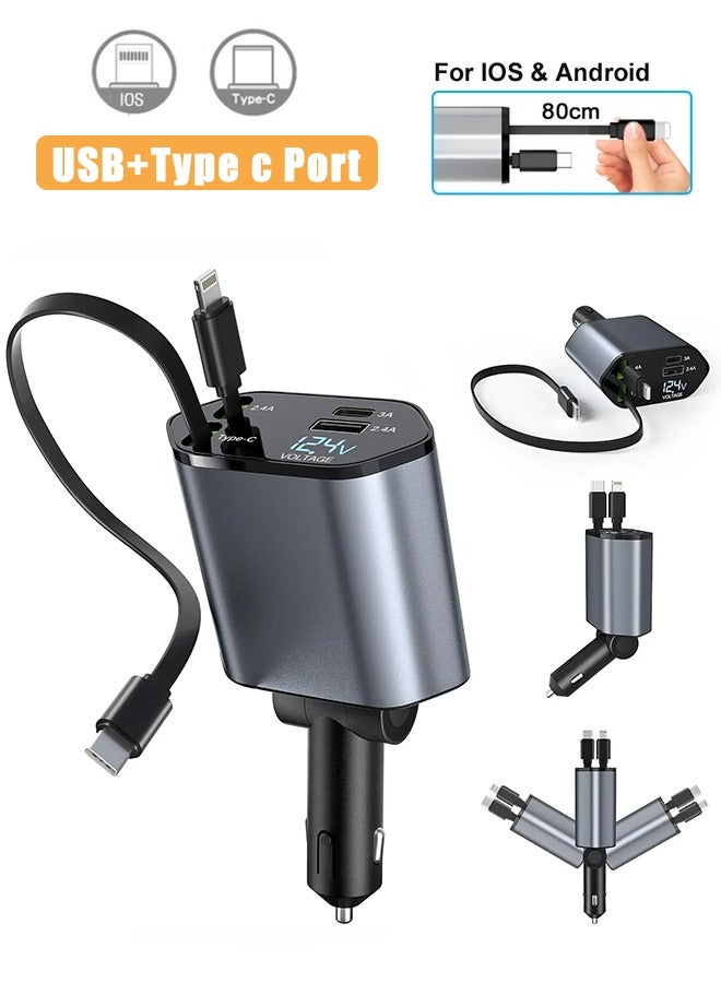4 in 1 Car Adapter with 30min Fast Charging and 180° Body Adjustment, Retractable Car Charger with Real-Time Monitoring of Car Voltage, Suitable for Long-Distance Travel, Daily Commuting and Outdoor Activities  - Image 1