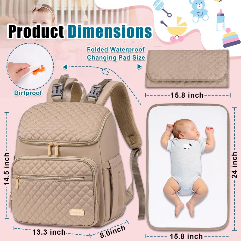 Weitars Diaper Bag Backpack Large Baby Diaper Bag with Changing Pad Travel Diaper Backpack,Baby Bag for Boys Girls,Stroller Straps,5 Insulated Pockets (Khaki) - Image 2