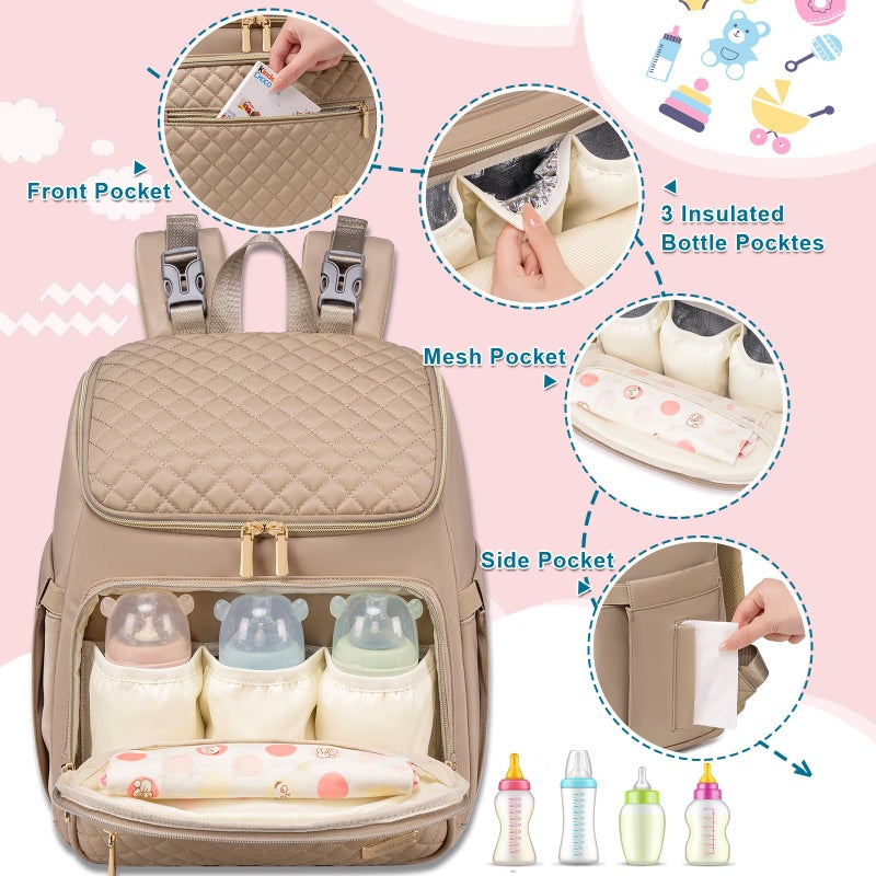 Weitars Diaper Bag Backpack Large Baby Diaper Bag with Changing Pad Travel Diaper Backpack,Baby Bag for Boys Girls,Stroller Straps,5 Insulated Pockets (Khaki) - Image 3