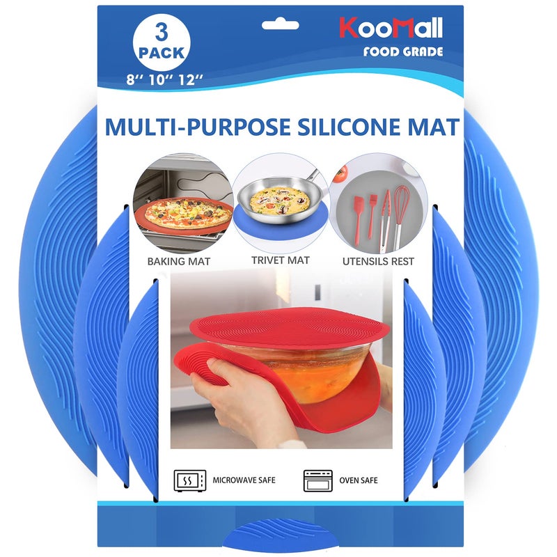 KooMall 12 10 8 Inch Multiuse Microwave Mat Trivet Pot Holders Drying Baking Place Mat Utensils Rest Silicone Cover Pad for Hot Pot Pans Bowls Plates Dishes Kitchen CounterHeat ResistantBlue