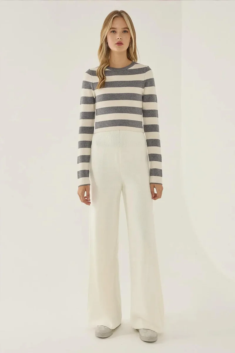 Hiccup Grey Striped Crew Neck Knit Top for Women | Best Price UAE