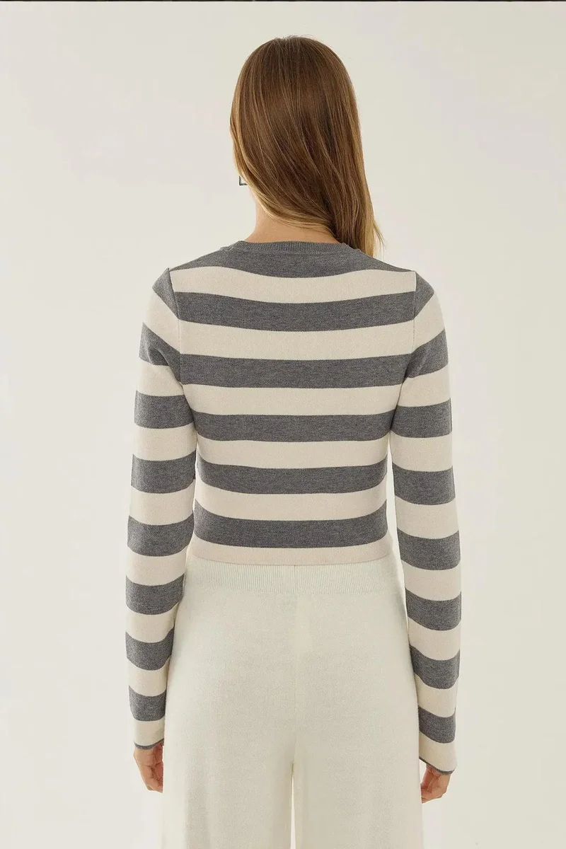 Hiccup Grey Striped Crew Neck Knit Top for Women | Best Price UAE