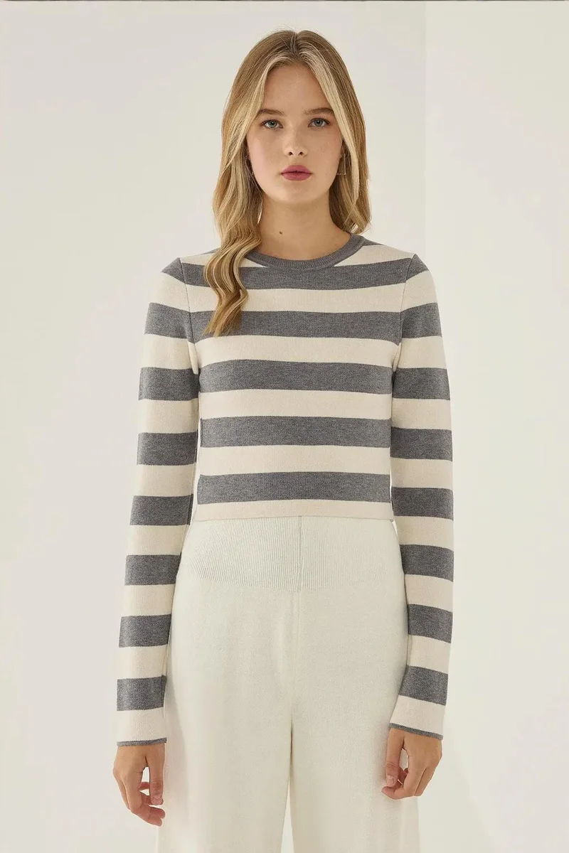 Hiccup Grey Striped Crew Neck Knit Top for Women | Best Price UAE
