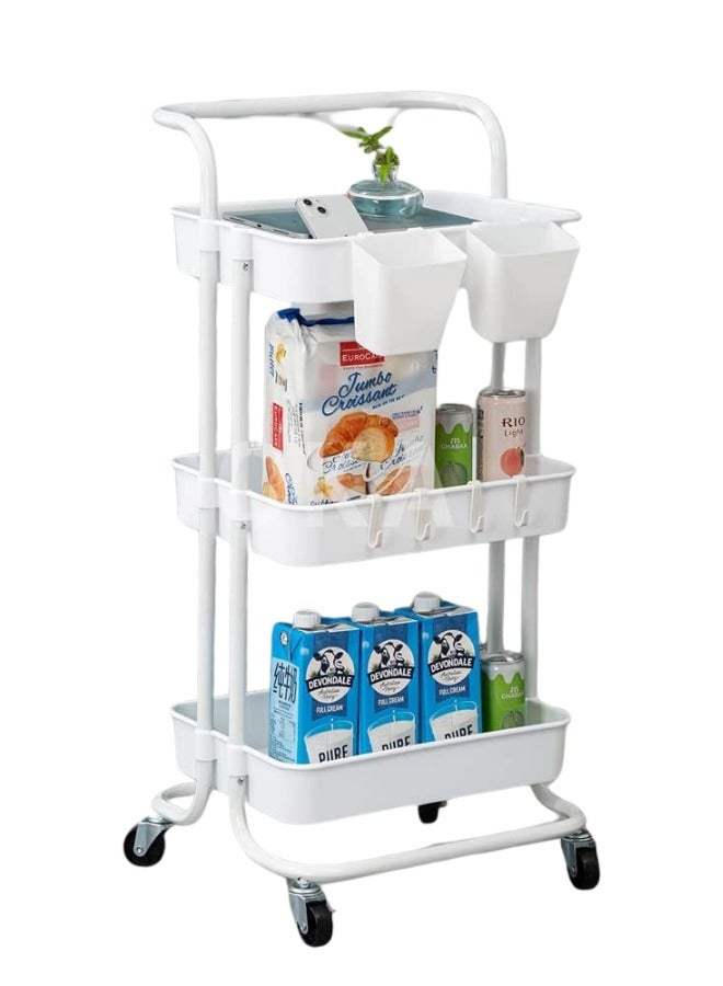 Prince 3-Tier Mesh Wire Rolling Multifunction Utility Cart Trolley With Hook White - Image 1