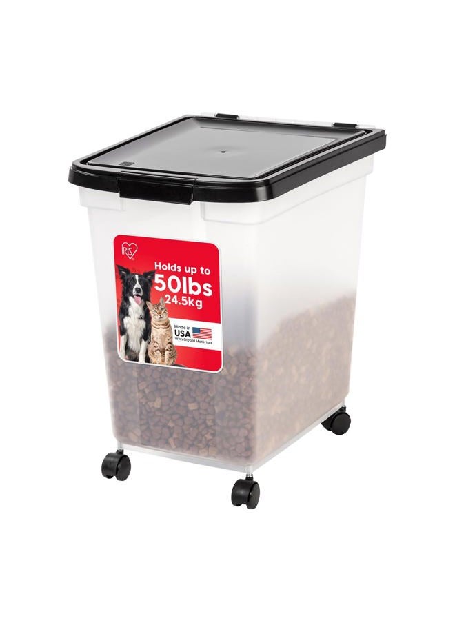 IRIS Power tool case パワー ツール ケース حاوية تخزين طعام الحيوانات الأليفة محكمة الإغلاق من آيريس USA بسعة 50 رطل / 65 كوارت مع عجلات قابلة للإزالة، لتخزين طعام الكلاب والقطط والطيور وغيرها من طعام الحيوانات الأليفة، للحفاظ على النضارة، جسم شفاف، سهولة الحركة، شفاف/أسود - Image 1