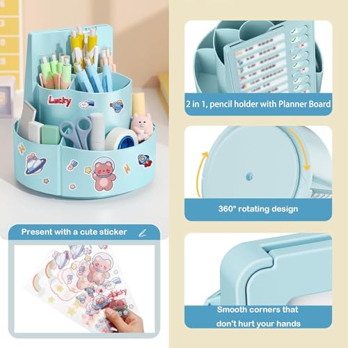 Parssufy Multifuntional 360 Degree Rotating Pen Holder for Desk Pencil Organizer|Student Self Discipline Board with 7 Compartments an Random Stickers,13 Sheets Chore Chart (Blue) - Image 4