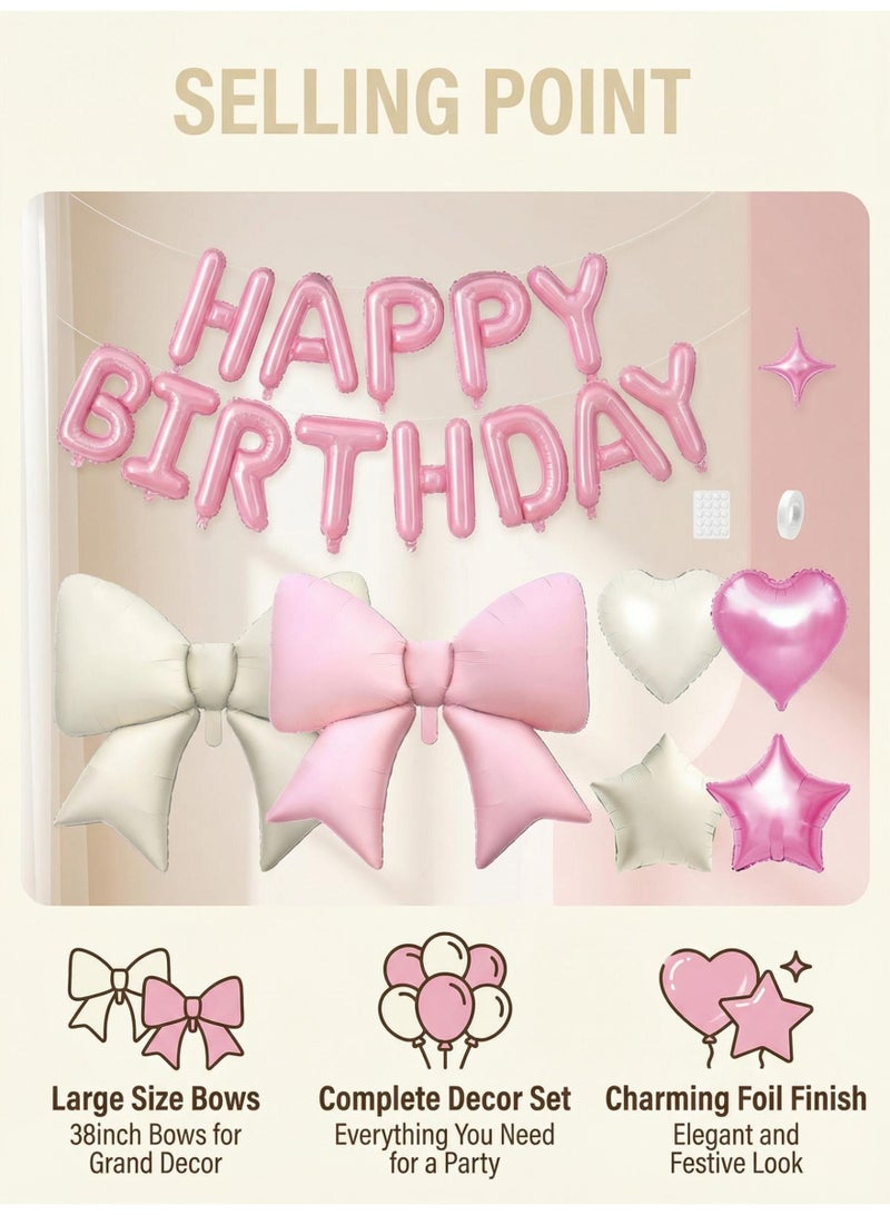V.nice Cream Pink Bow Birthday Party Decor Set – Large Wall Backdrop & Giant Ribbon Tie for Baby Shower, Wedding, Room Decoration - Image 2