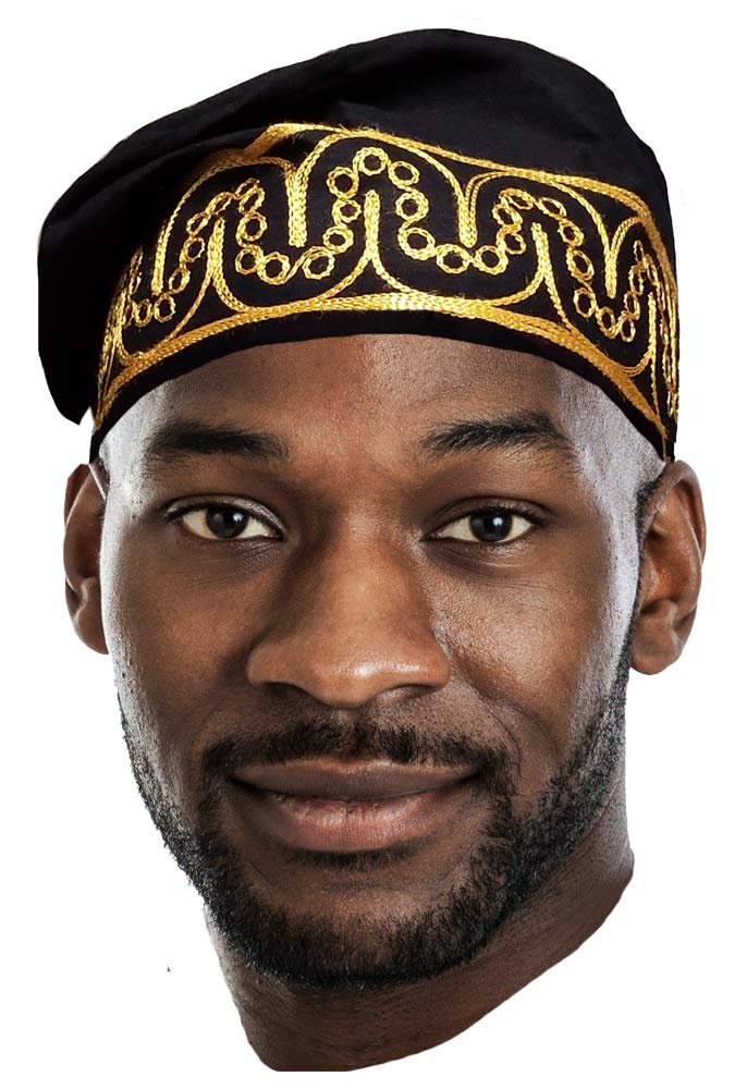 Dupsie's Adebo African Black Kufi Hat with Gold Embroidery Size 7 3/8 (23 Inches) (Large) - Image 2