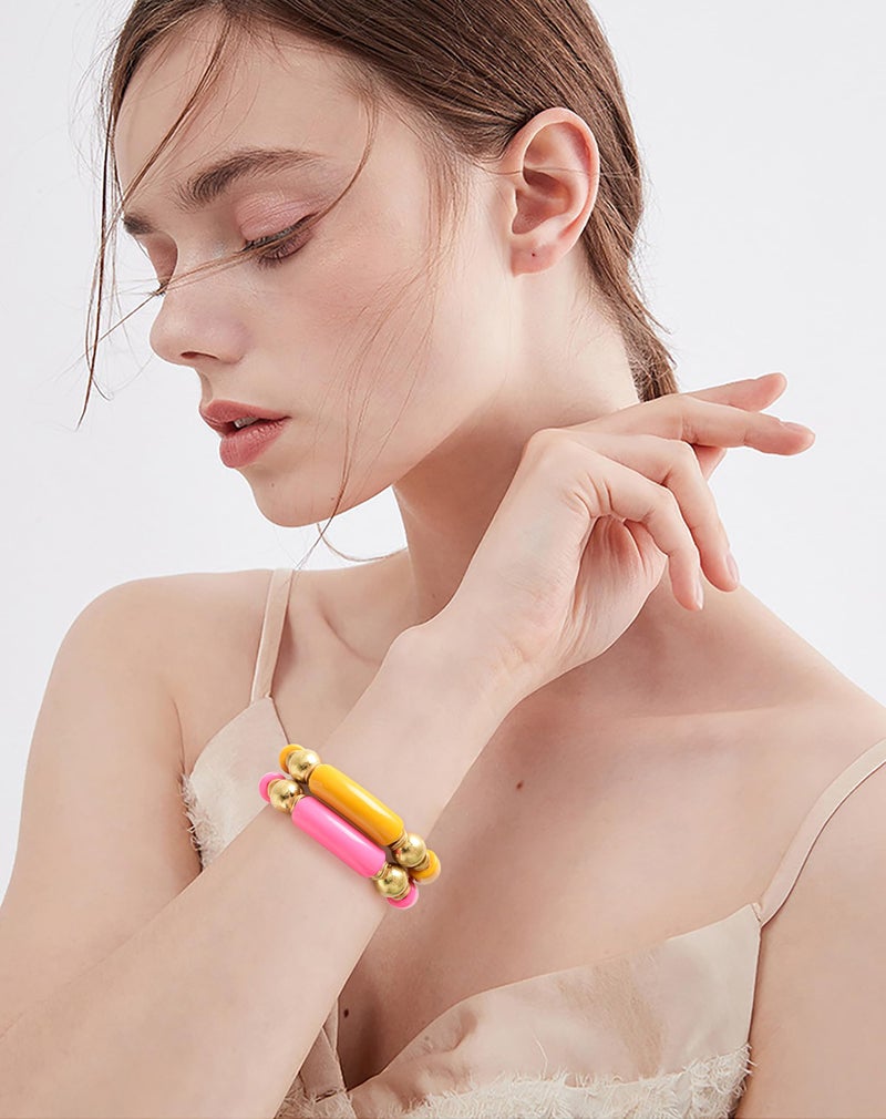 LALAPPLE Gold Plated Beaded Acrylic Bamboo Tube Bangle Bracelets for Women, Colorful Chunky Curved Tube With Gold Plated Pieces Beads Stretch Bracelet Friendship Summer Beach Jewelry (P-Orange&Watermelon red 2pcs) - Image 5