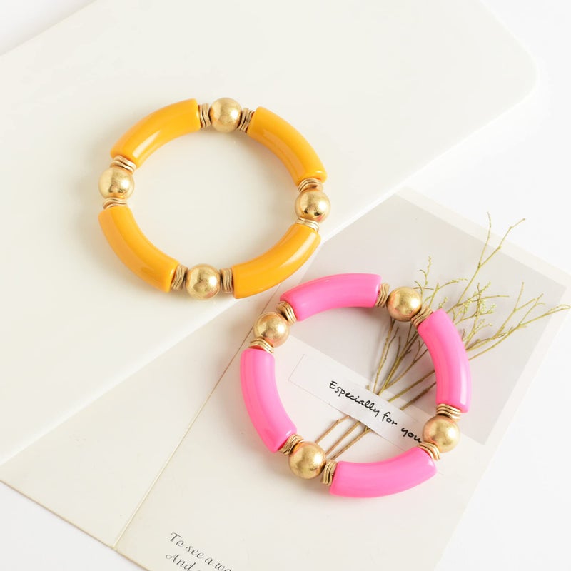 LALAPPLE Gold Plated Beaded Acrylic Bamboo Tube Bangle Bracelets for Women, Colorful Chunky Curved Tube With Gold Plated Pieces Beads Stretch Bracelet Friendship Summer Beach Jewelry (P-Orange&Watermelon red 2pcs) - Image 2