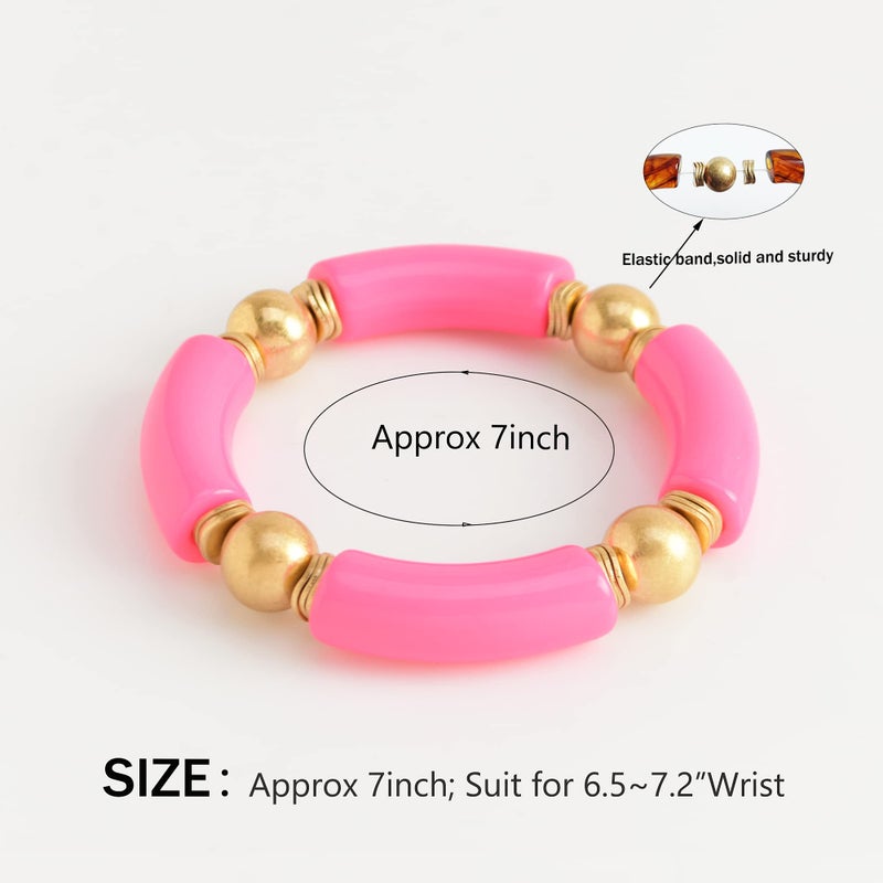 LALAPPLE Gold Plated Beaded Acrylic Bamboo Tube Bangle Bracelets for Women, Colorful Chunky Curved Tube With Gold Plated Pieces Beads Stretch Bracelet Friendship Summer Beach Jewelry (P-Orange&Watermelon red 2pcs) - Image 4