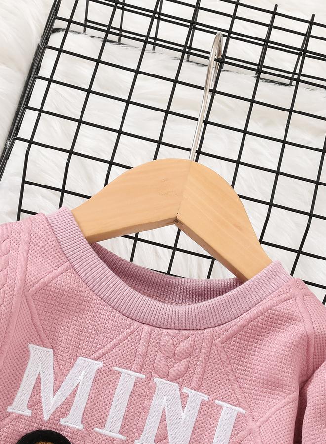 تايك تو طقم سويت شيرت وبنطلون رياضي بتصميم دب مرقع وردي من تيك تو - Image 3