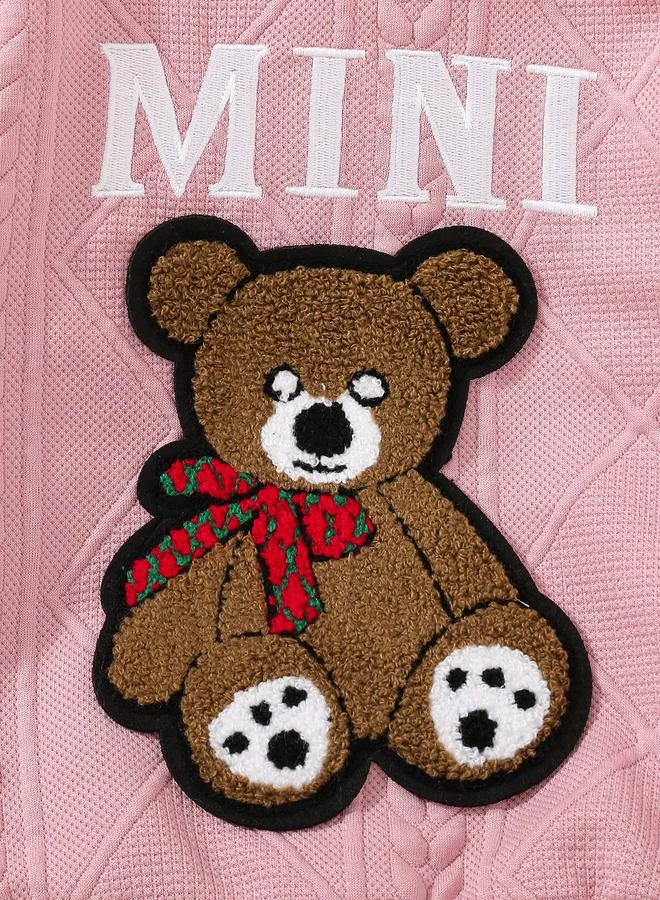 Take Two Take Two Pink Textured Bear Patchwork Sweatshirt and Joggers Set