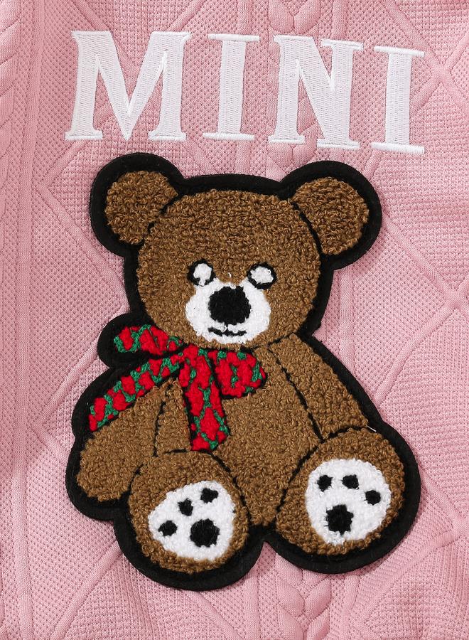 تايك تو طقم سويت شيرت وبنطلون رياضي بتصميم دب مرقع وردي من تيك تو - Image 4