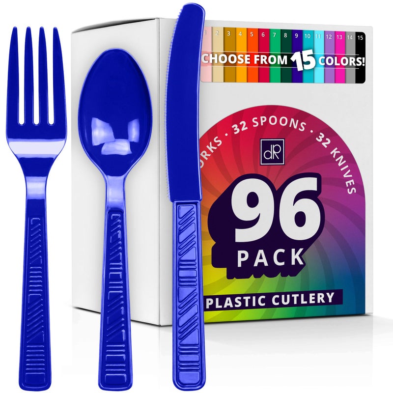 DecorRack Plastic Cutlery Set  Royal Blue Colored Plastic Silverware Sets for Parties  96 Piece Bulk Heavy Duty Utensils (Royal Blue  96 Pieces) - Image 1