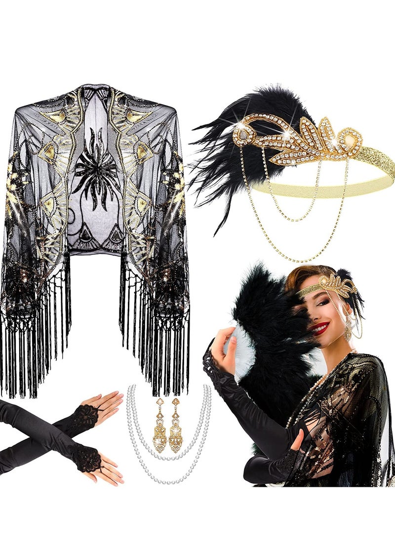 Excefore 1920s Accessories Set, Party Flapper Feather Headband Pearl Necklace Rhinestone Earrings Gloves Fringed Evening Cape Scarf 20s for Women Girls - Image 1