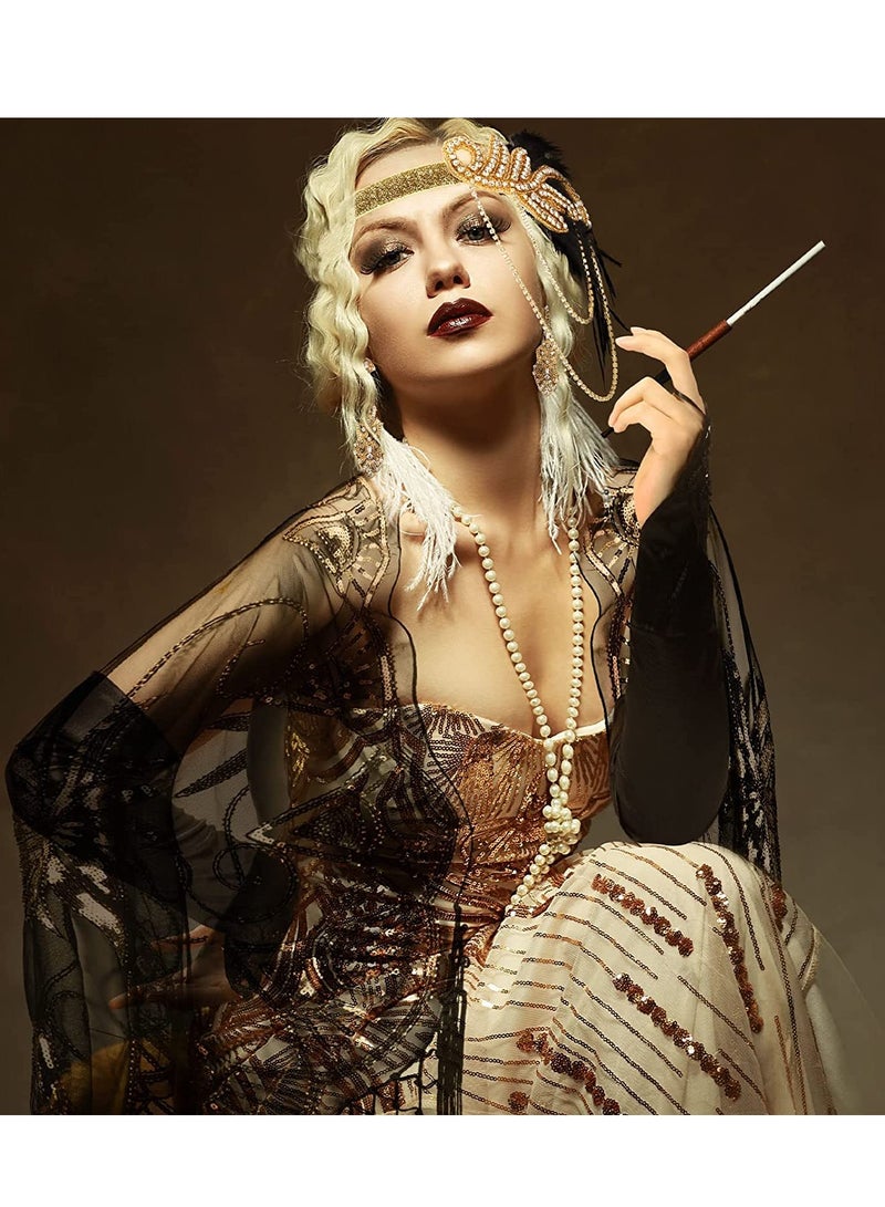 Excefore 1920s Accessories Set, Party Flapper Feather Headband Pearl Necklace Rhinestone Earrings Gloves Fringed Evening Cape Scarf 20s for Women Girls - Image 5