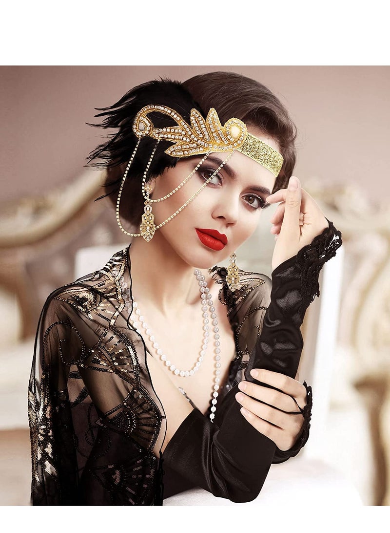 Excefore 1920s Accessories Set, Party Flapper Feather Headband Pearl Necklace Rhinestone Earrings Gloves Fringed Evening Cape Scarf 20s for Women Girls - Image 3