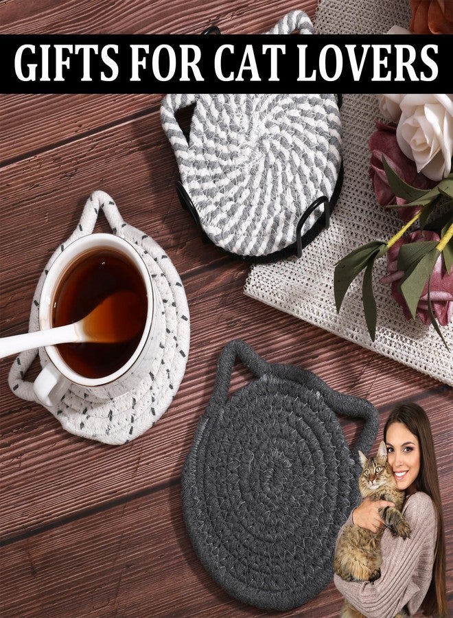 Suohheh 4 قطع من قواعد أكواب على شكل قطة سوداء، قواعد أكواب لطيفة للمكتب، قواعد أكواب قطنية رمادية منسوجة يدويًا ماصة للرطوبة لمحبي القطط، قواعد أكواب للمشروبات مناسبة لمكتب العمل وطاولة القهوة، هدايا عيد الأم وأعياد الميلاد - Image 5