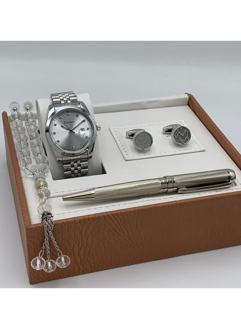 Men's set from Carnaer, consisting of fuor pieces: a watch, a pen, cufflinks, and a rosary.