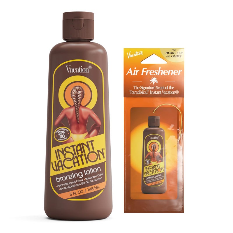 VACATION Instant Vacation SPF 30 Bronzing Lotion & Air Freshener Bundle, Lightweight, Buildable Color, Evens Appearance of Skin Tone, Cocoa-Hazelnut Scent, Vegan, 5 Fl. Oz. - Image 1