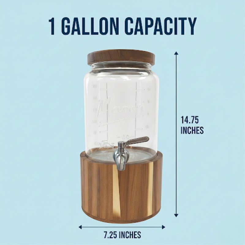 kitchentoolz 1 Gallon Glass Water & Lemonade Dispenser with Wooden Lid & Stand â€“ Mason Jar Beverage Dispenser with Stainless Steel Spigot, Measurement Marks â€“ Drink Server for Parties, Events, Home Use - Image 3