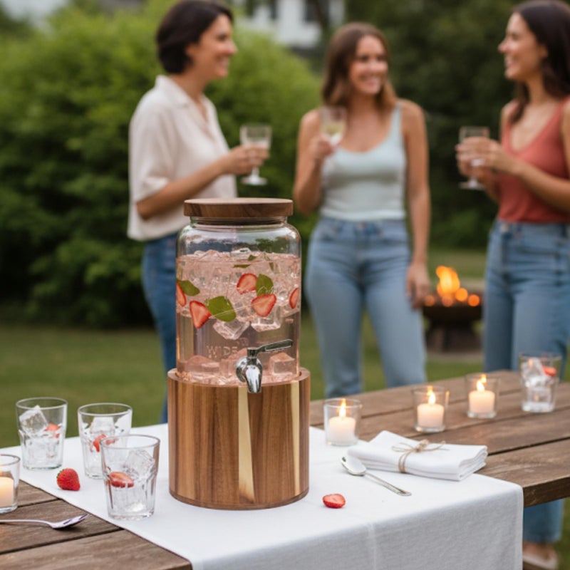 kitchentoolz 1 Gallon Glass Water & Lemonade Dispenser with Wooden Lid & Stand â€“ Mason Jar Beverage Dispenser with Stainless Steel Spigot, Measurement Marks â€“ Drink Server for Parties, Events, Home Use - Image 1